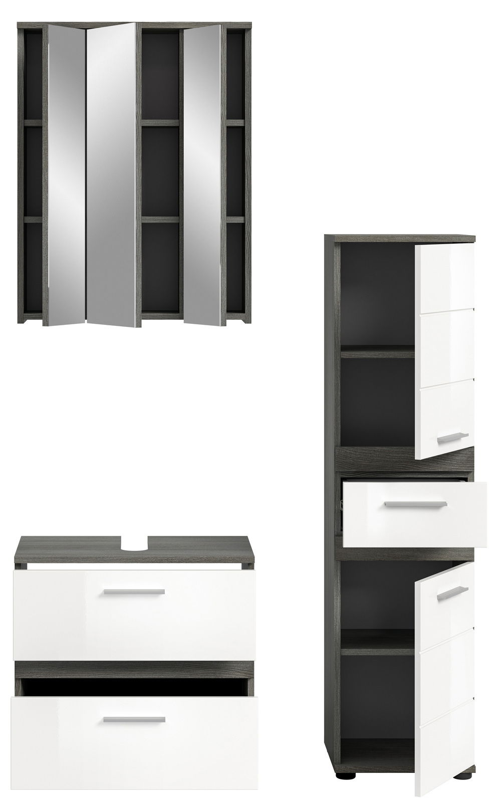 Badezimmermöbel-Set bestehend aus einem Spiegelschrank, einem Waschtischunterschrank und einem Hochschrank, frontal abgebildet.
