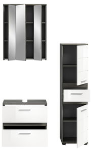 Badezimmermöbel-Set bestehend aus einem Spiegelschrank, einem Waschtischunterschrank und einem Hochschrank, frontal abgebildet.