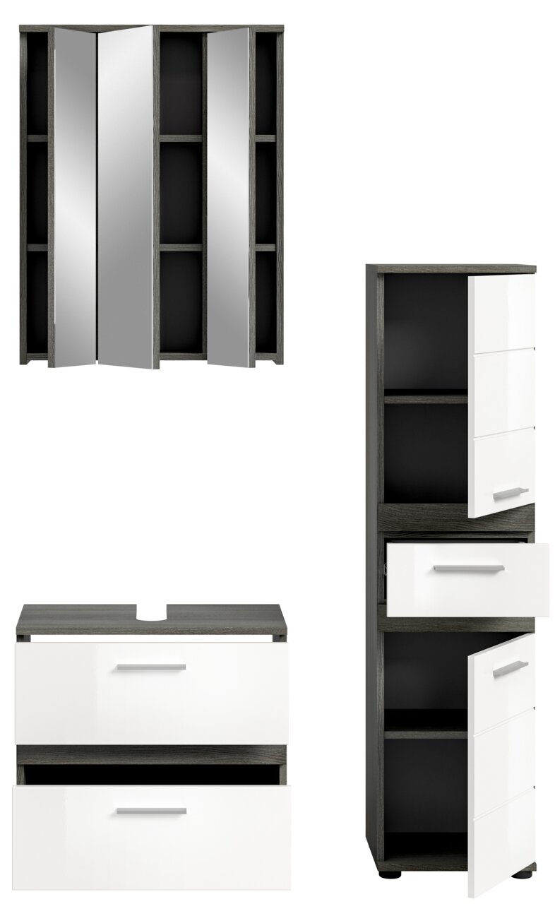 Badezimmermöbel-Set bestehend aus einem Spiegelschrank, einem Waschtischunterschrank und einem Hochschrank, frontal abgebildet.