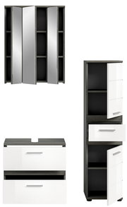 Badezimmermöbel-Set bestehend aus einem Spiegelschrank, einem Waschtischunterschrank und einem Hochschrank, frontal abgebildet.