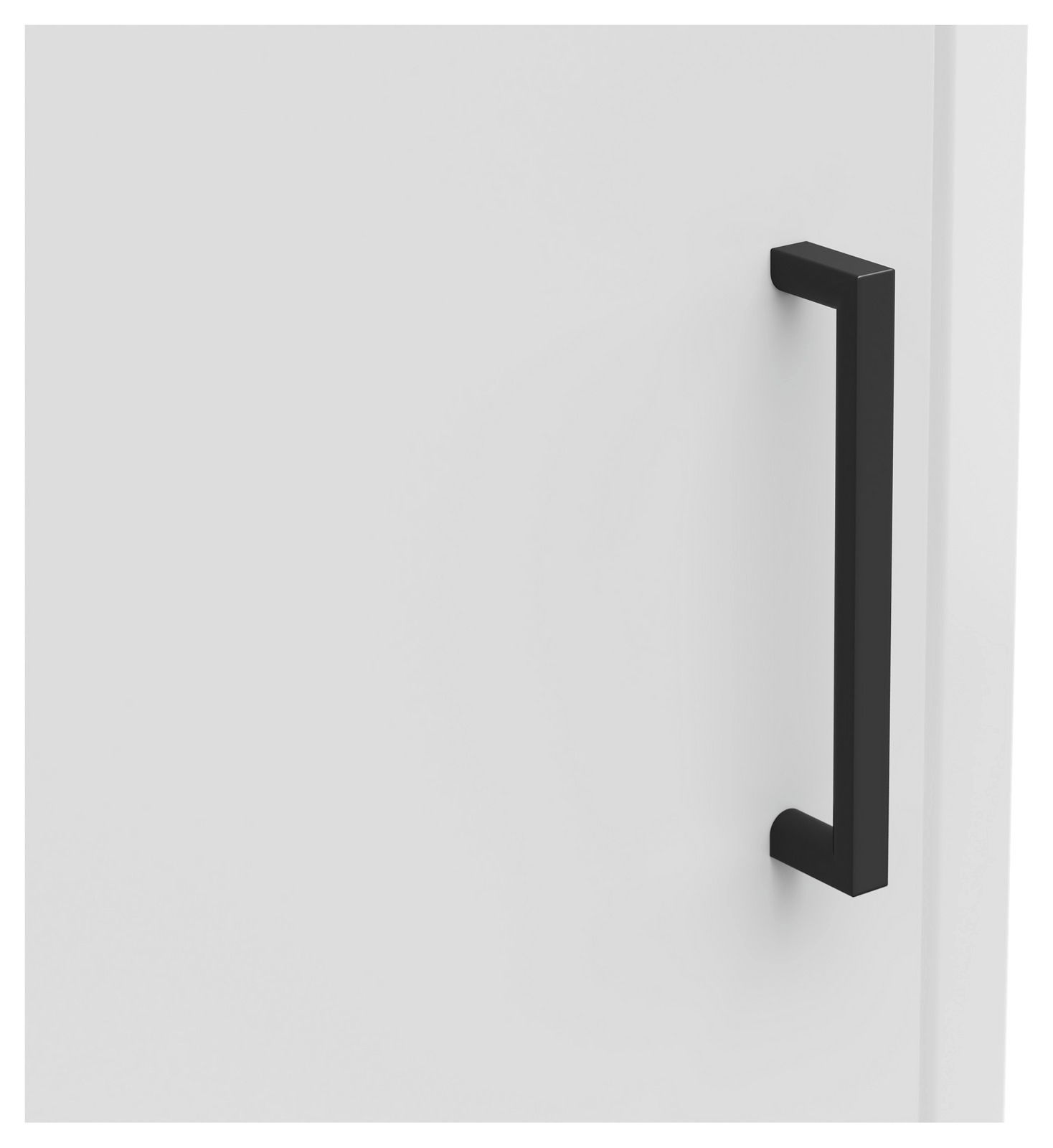 Nahaufnahme einer weißen Schranktür mit einem schwarzen, modernen Griff, seitliche Perspektive