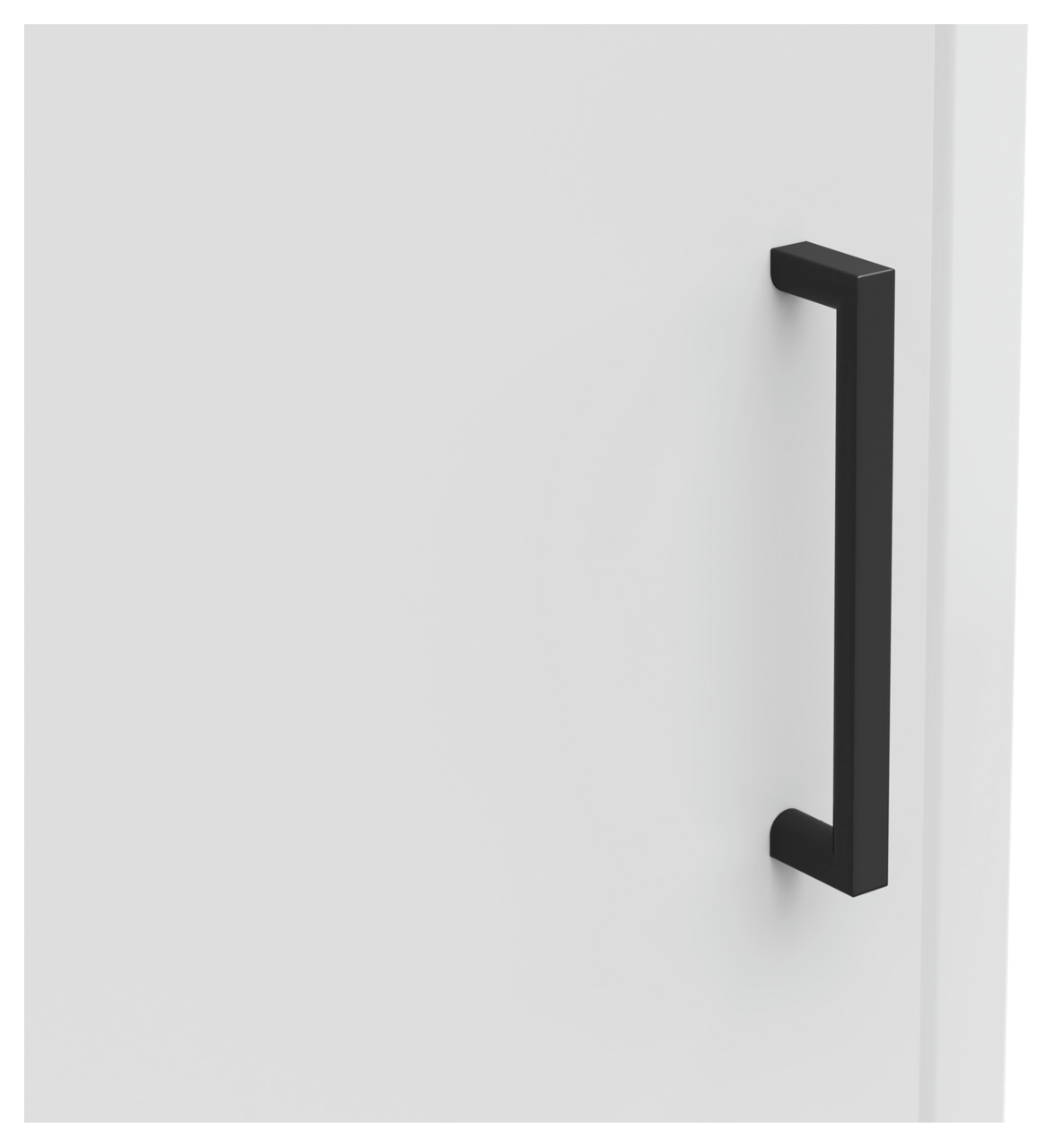 Nahaufnahme einer weißen Schranktür mit einem schwarzen, modernen Griff, seitliche Perspektive
