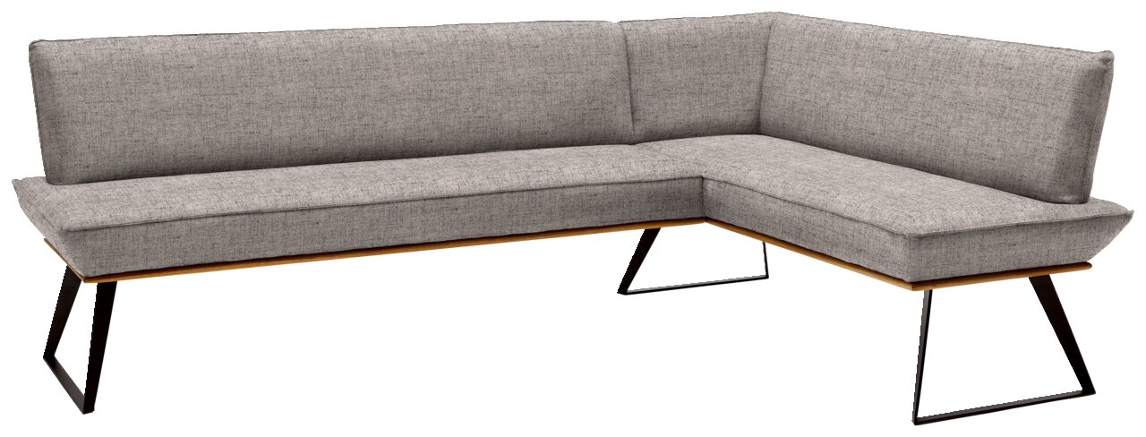 Graue Eckbank mit modernem Design, Metallbeinen und Stoffbezug, Perspektive von vorne links.