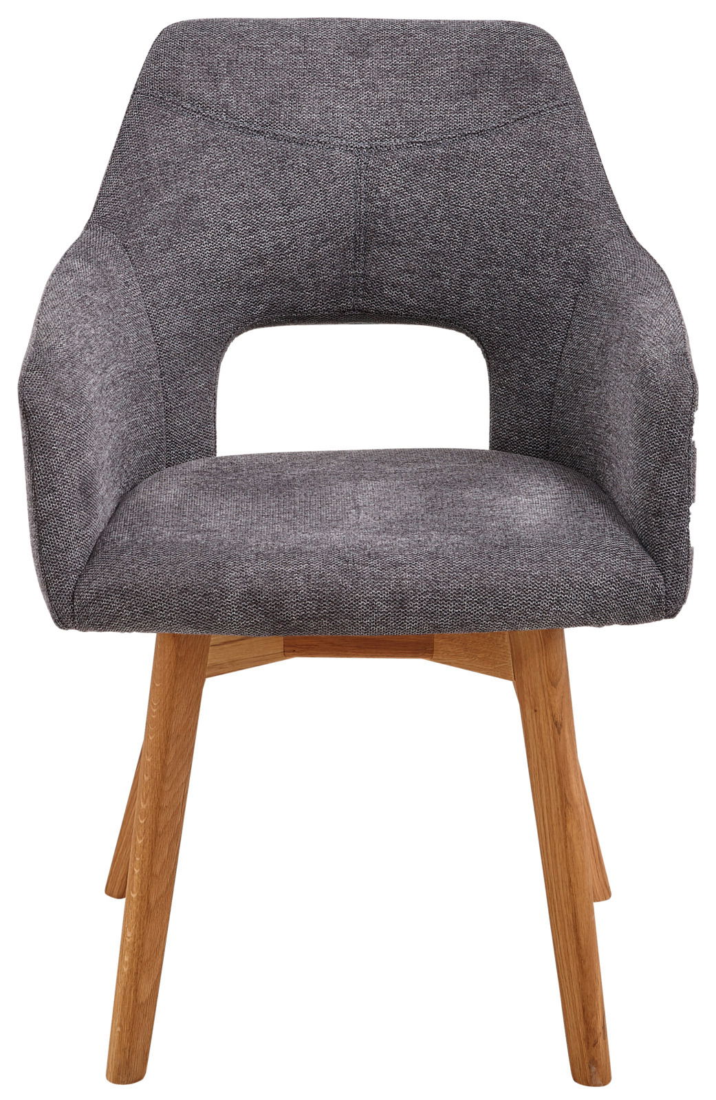 Grauer Sessel mit Holzbeinen, Vorderansicht