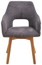 Grauer Sessel mit Holzbeinen, Vorderansicht