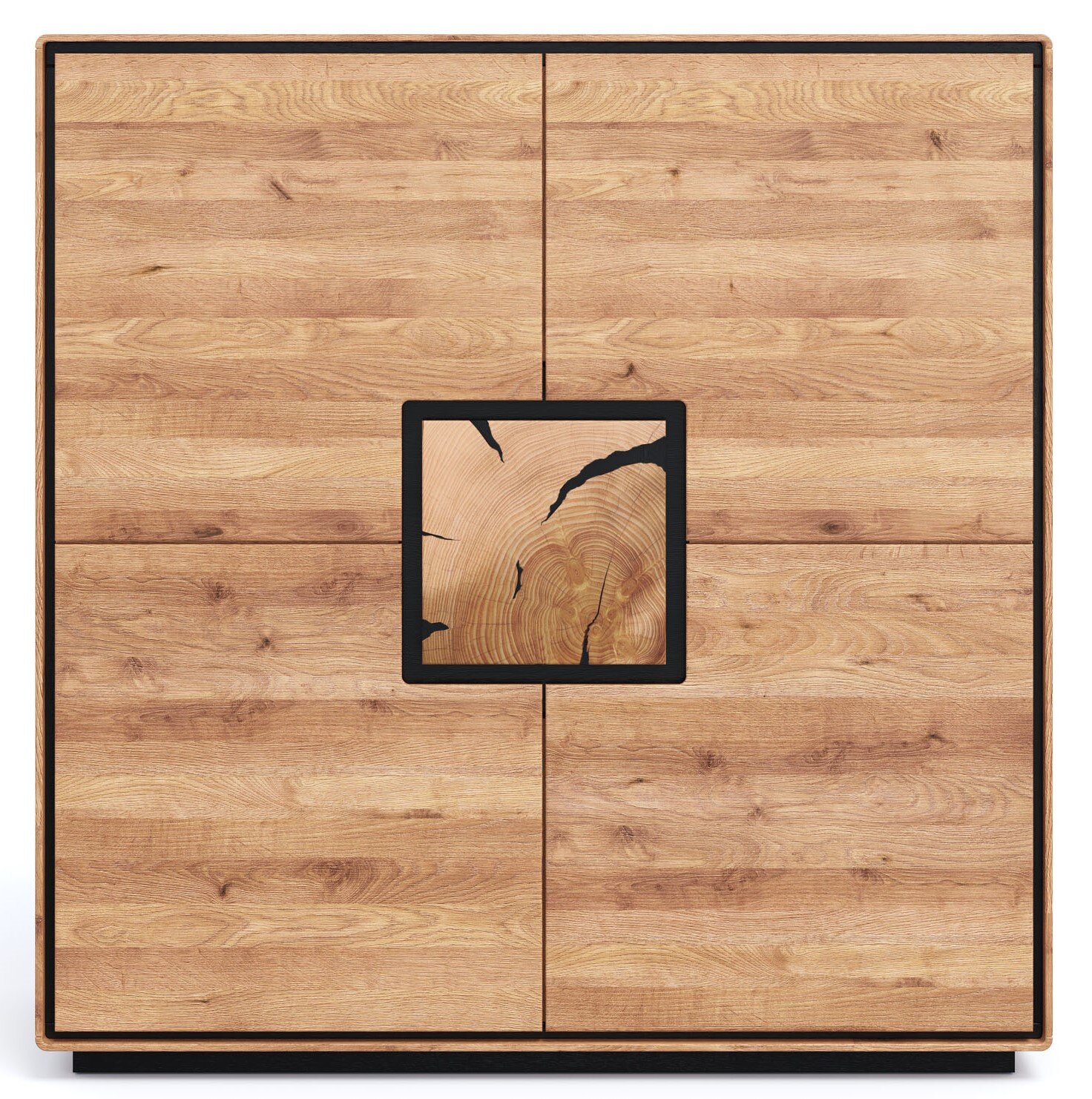 Frontansicht eines quadratischen Holzschranks mit vier Türen, natürlicher Maserung, schwarzem Rahmen und zentralem quadratischem Akzent mit Baumring-Optik und dunklen Rissen
