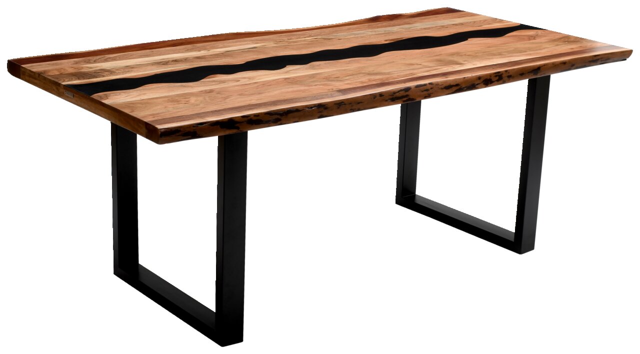 Moderner Esstisch aus Holz mit schwarzem Metallgestell, seitliche Perspektive