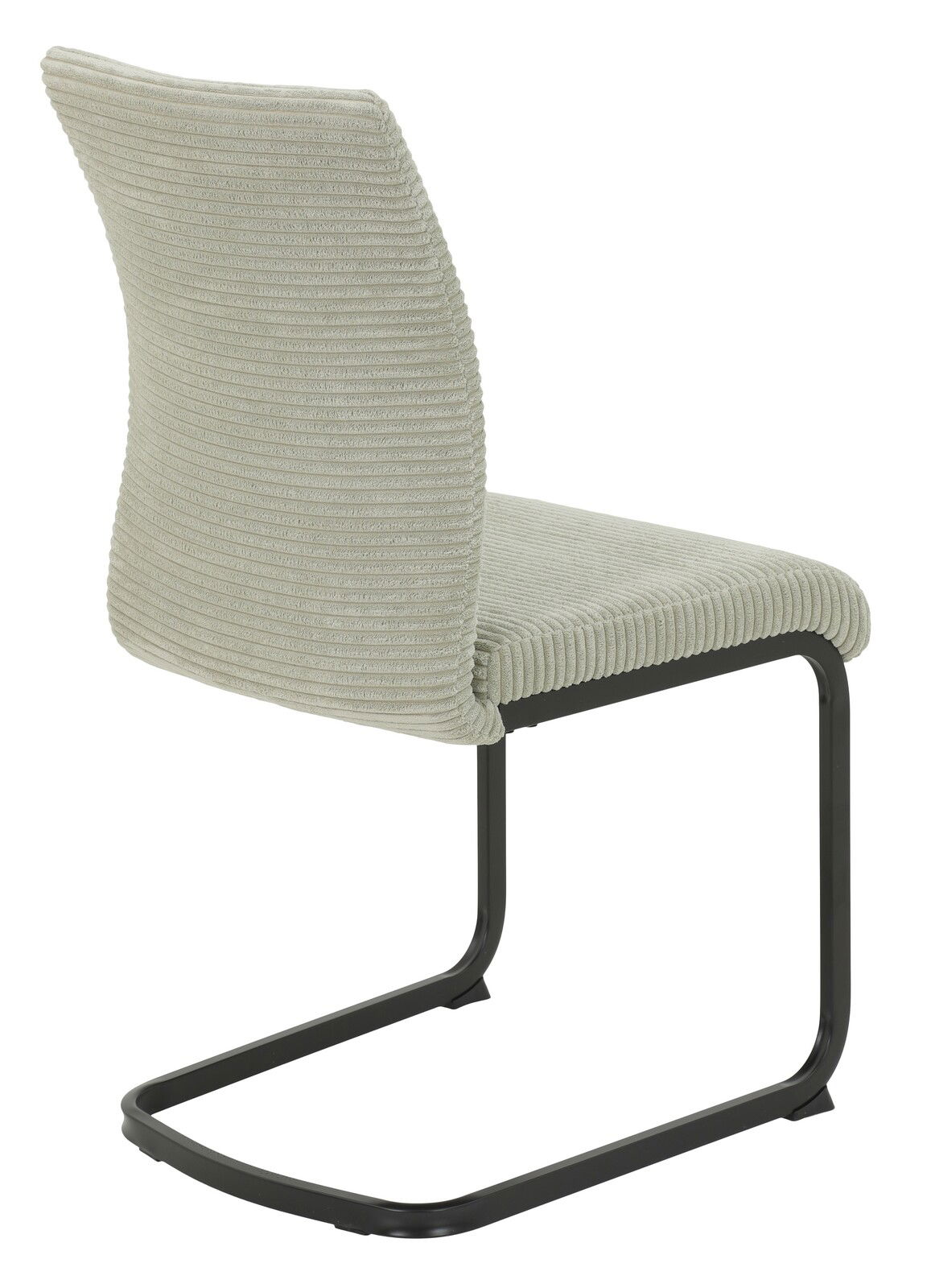 Rückansicht eines modernen Schwingstuhls mit hellgrauem, geripptem Stoffbezug und schwarzem Metallgestell.