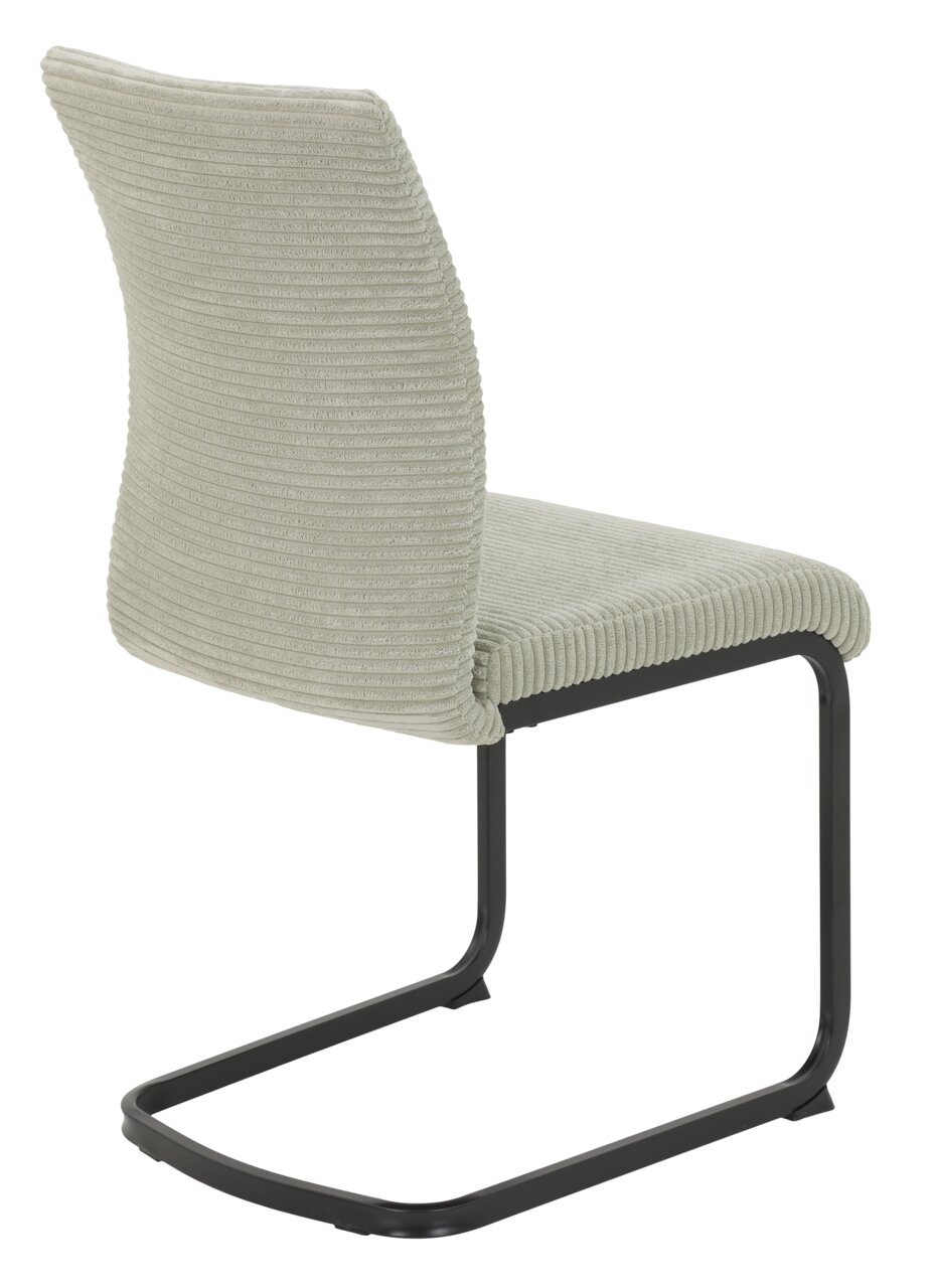Achterkant van een moderne schommelstoel met een lichtgrijze, geribbelde stoffen bekleding en een zwart metalen frame.