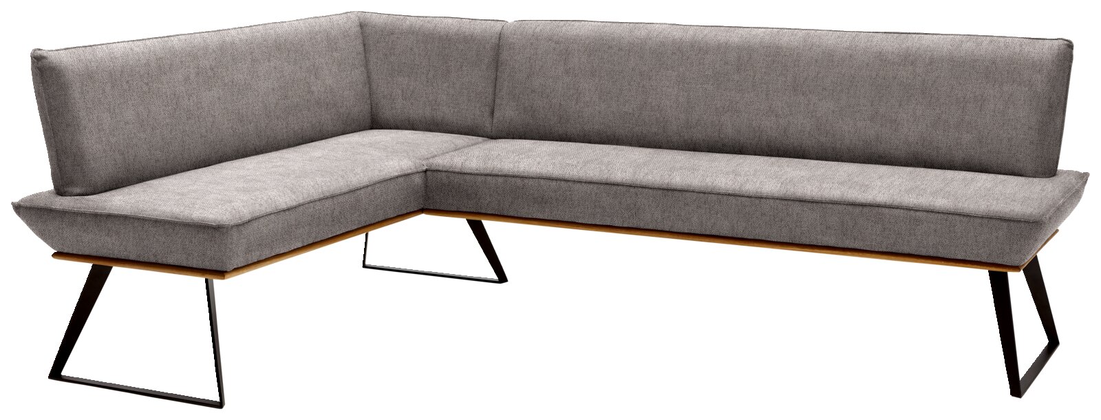 Graue Eckbank mit modernem Design, Metallbeinen und Polsterung, Perspektive von vorne links
