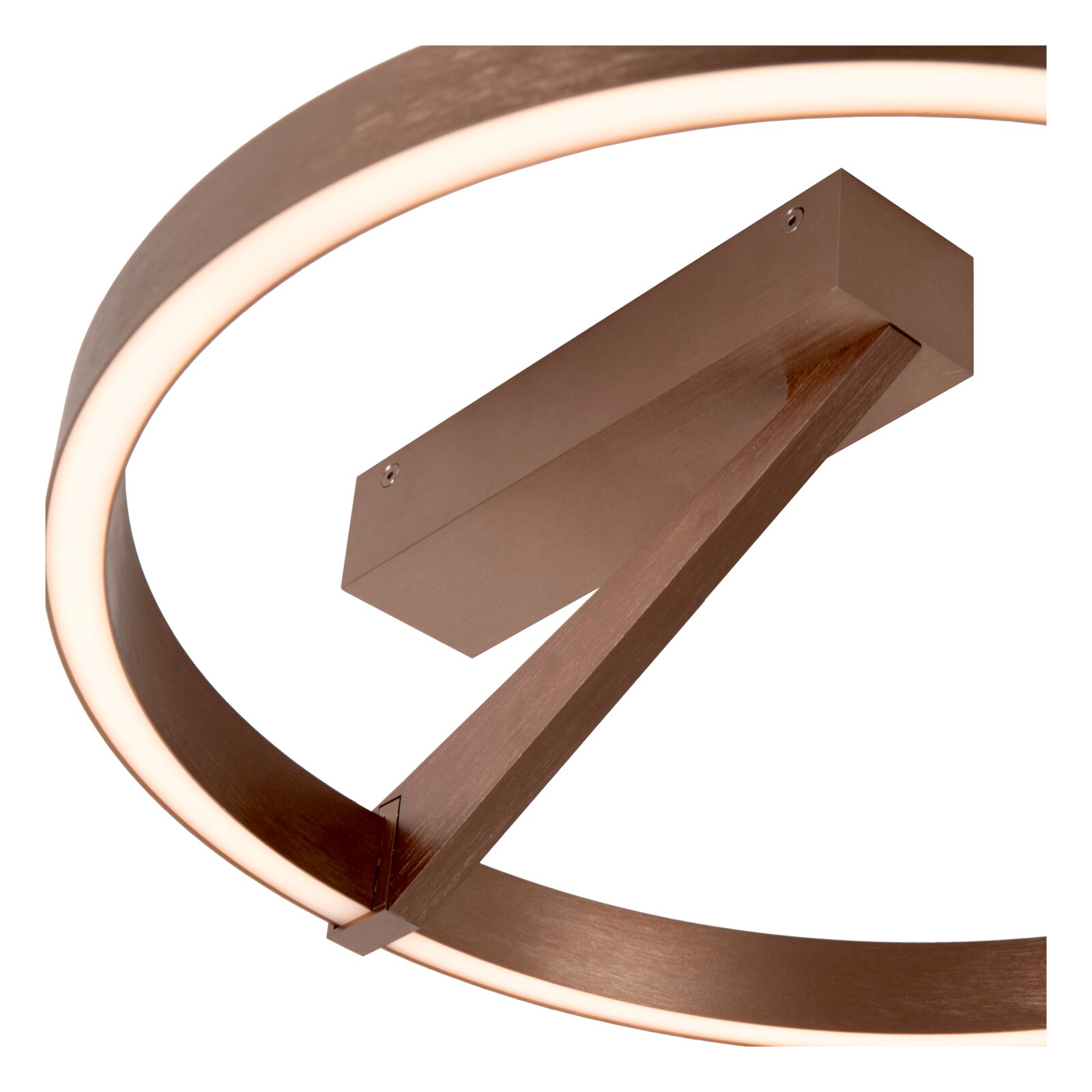Moderne runde LED-Deckenleuchte in gebürsteter Kupfer-/Bronze-Optik mit leuchtendem Ring, Detailansicht der Deckenhalterung aus schräger Untersicht.