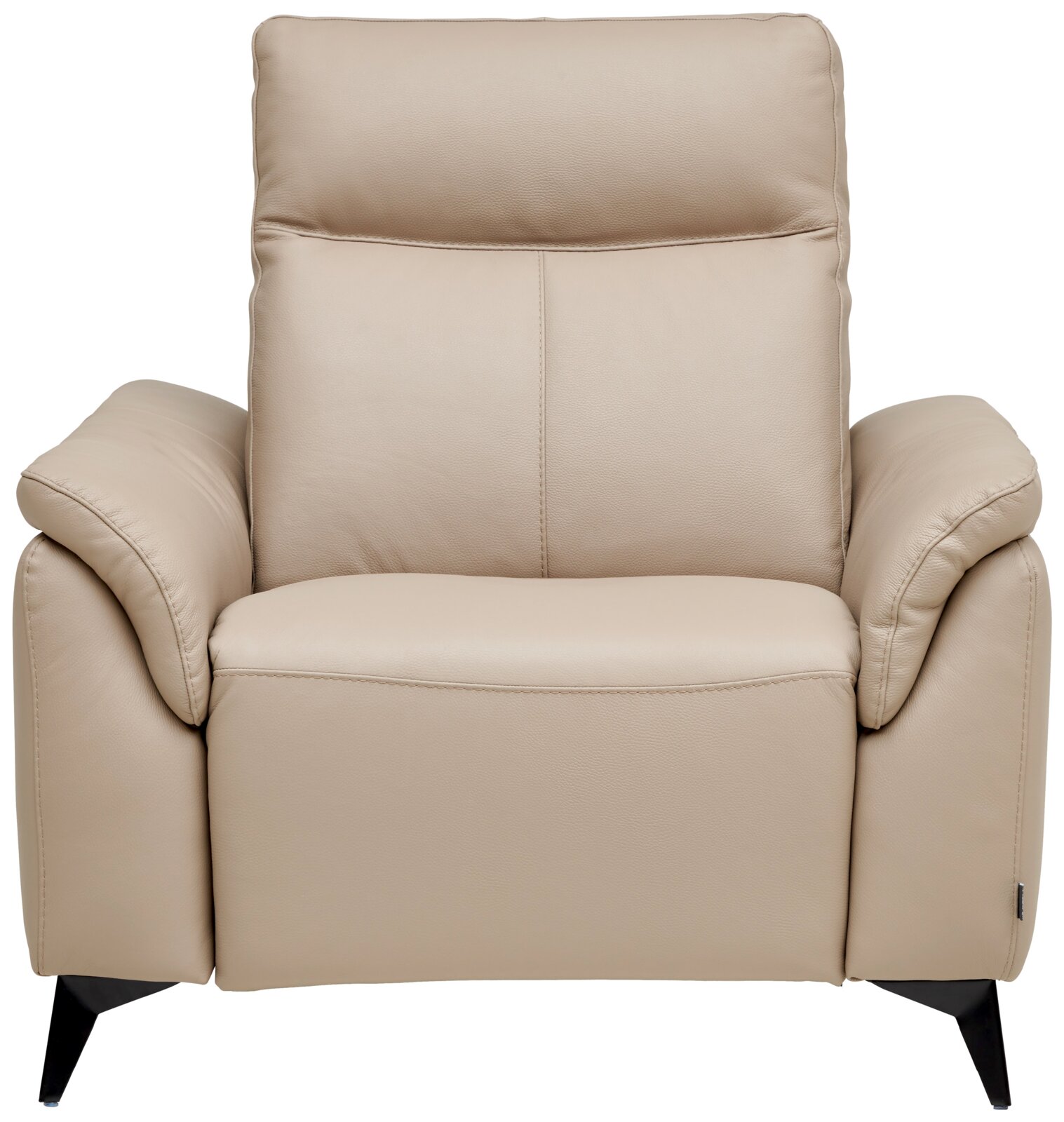 Beige leren fauteuil met zwarte poten, vooraanzicht