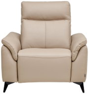 Beige leren fauteuil met zwarte poten, vooraanzicht