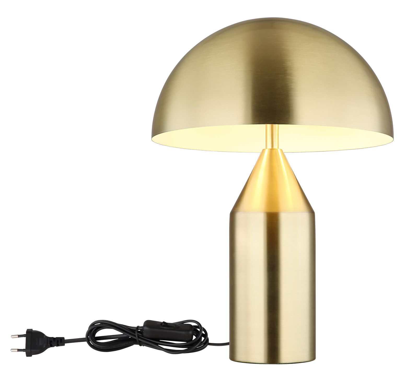 Goldene Tischleuchte ATOMA mit halbkugelförmigem Schirm und zylindrischem Sockel, seitliche Perspektive