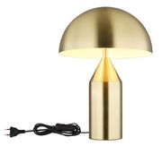 Goldene Tischleuchte ATOMA mit halbkugelförmigem Schirm und zylindrischem Sockel, seitliche Perspektive