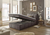 Boxspringbett mit hochgeklappter Matratze und Stauraum, seitliche Perspektive in modernem Schlafzimmer
