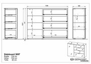 Technische Zeichnung eines Sideboards mit den Maßen 134 cm Breite, 102 cm Höhe und 42 cm Tiefe, Frontansicht und Seitenansicht.