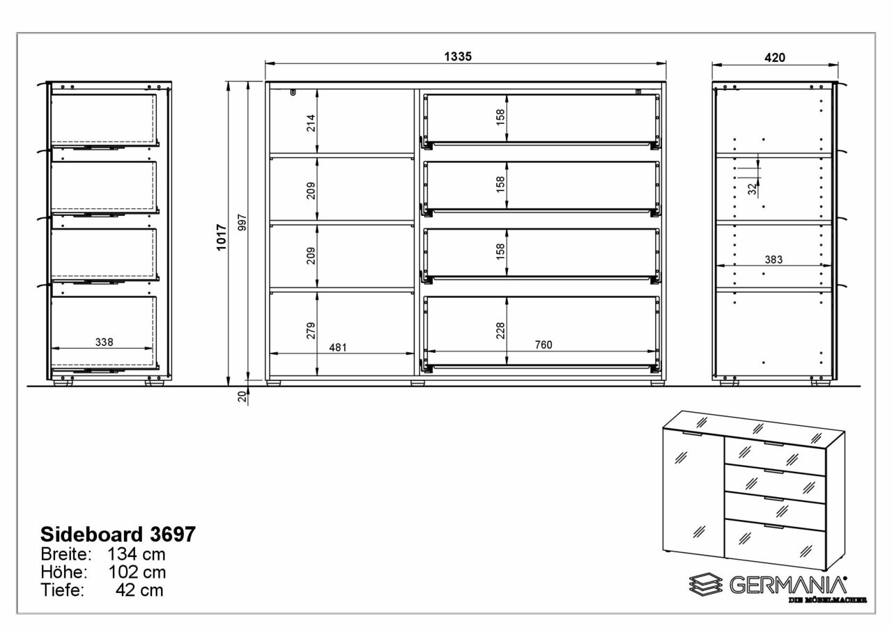 Technische Zeichnung eines Sideboards mit den Maßen 134 cm Breite, 102 cm Höhe und 42 cm Tiefe, Frontansicht und Seitenansicht.