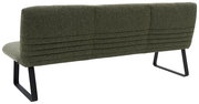 Rückansicht einer grünen Sitzbank mit Metallbeinen, 221 cm lang