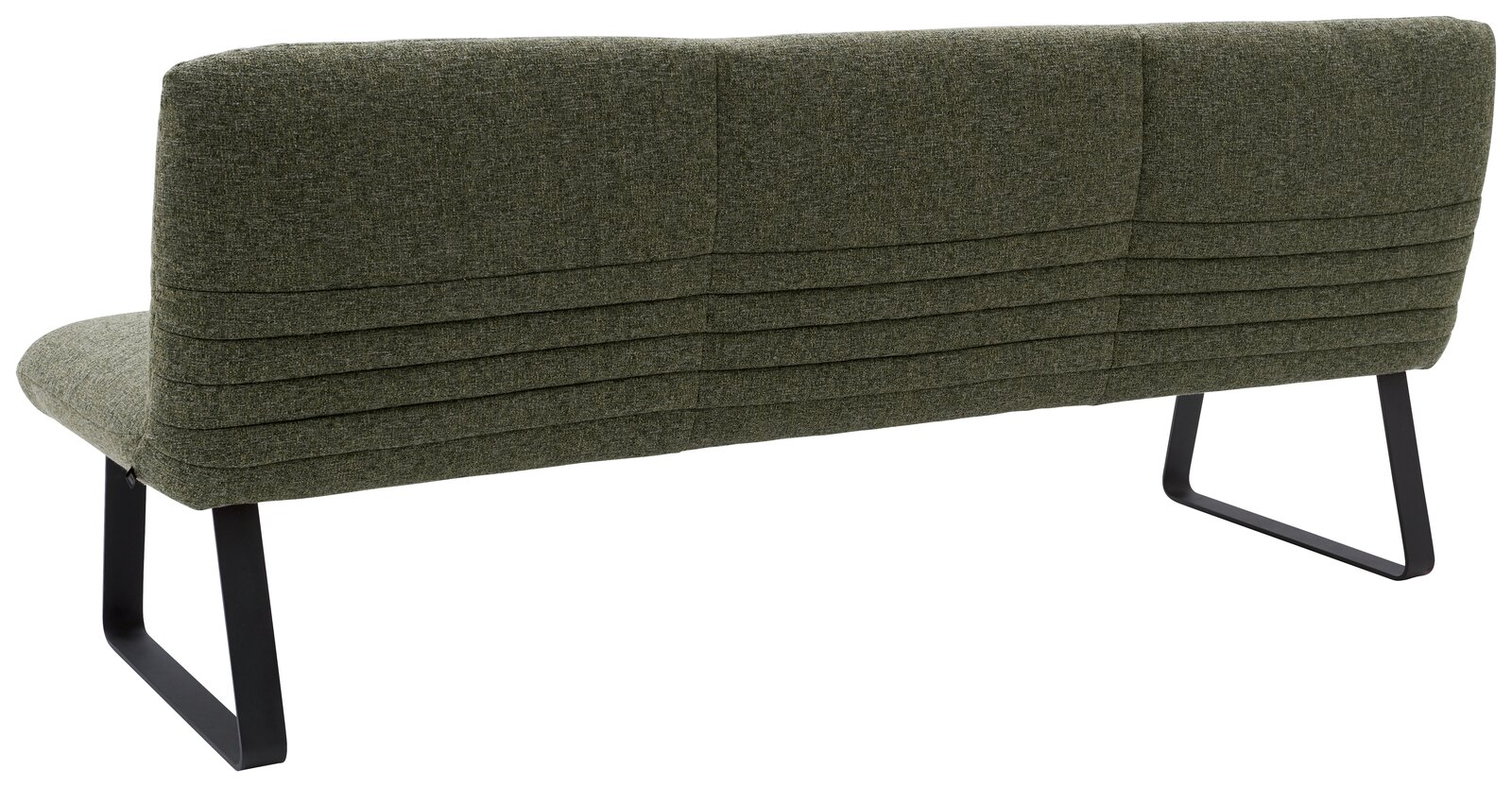 Rückansicht einer grünen Sitzbank mit Metallbeinen, 221 cm lang