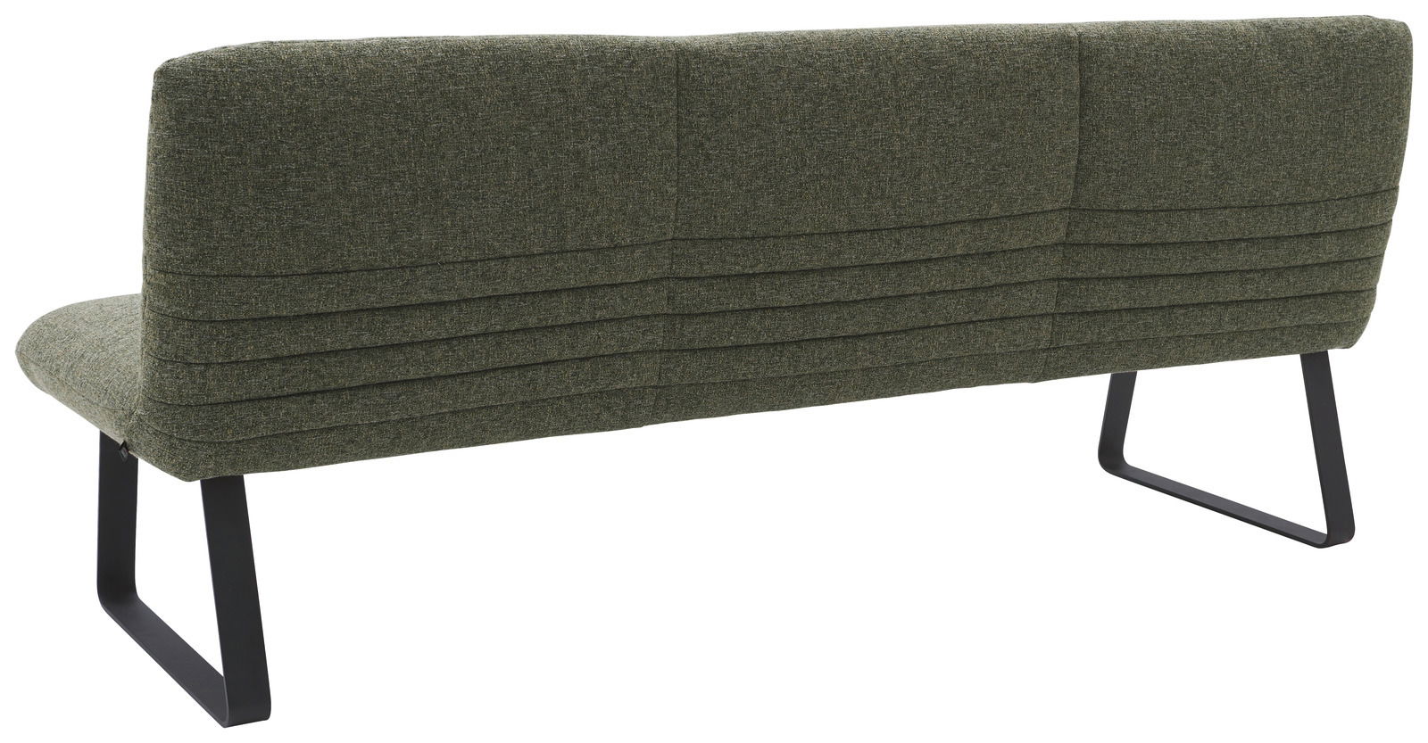 Rückansicht einer grünen Sitzbank mit Metallbeinen, 221 cm lang