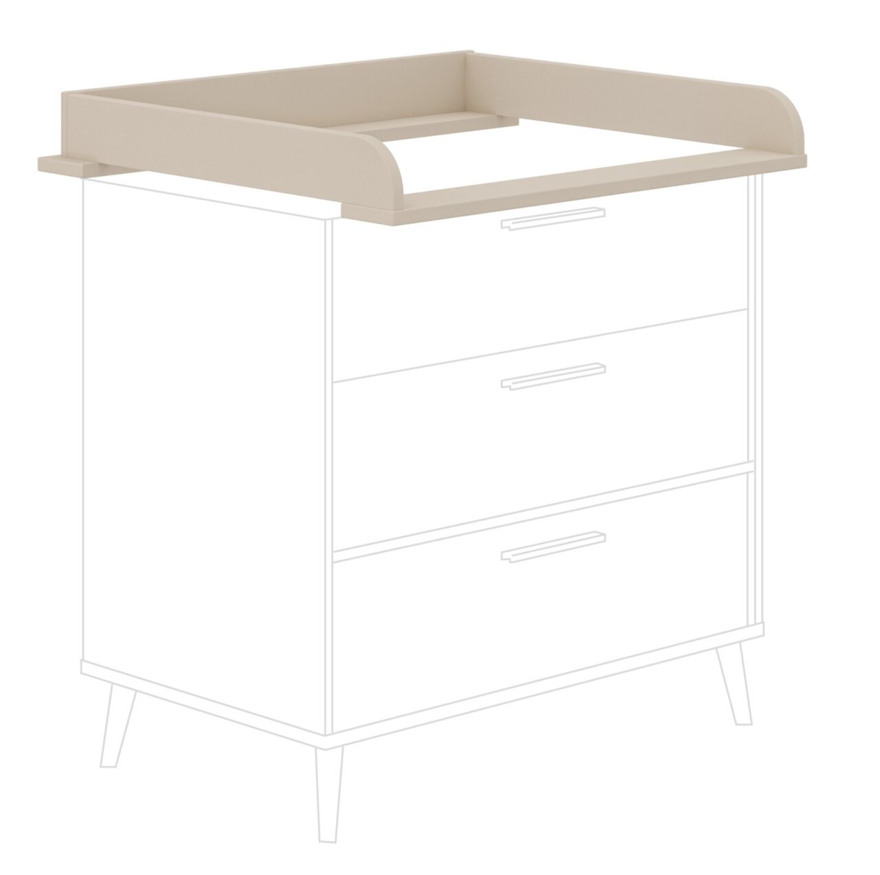 Smalle verschoontafel in beige, perspectivisch aanzicht van voren en bovenaf, gemonteerd op een commode