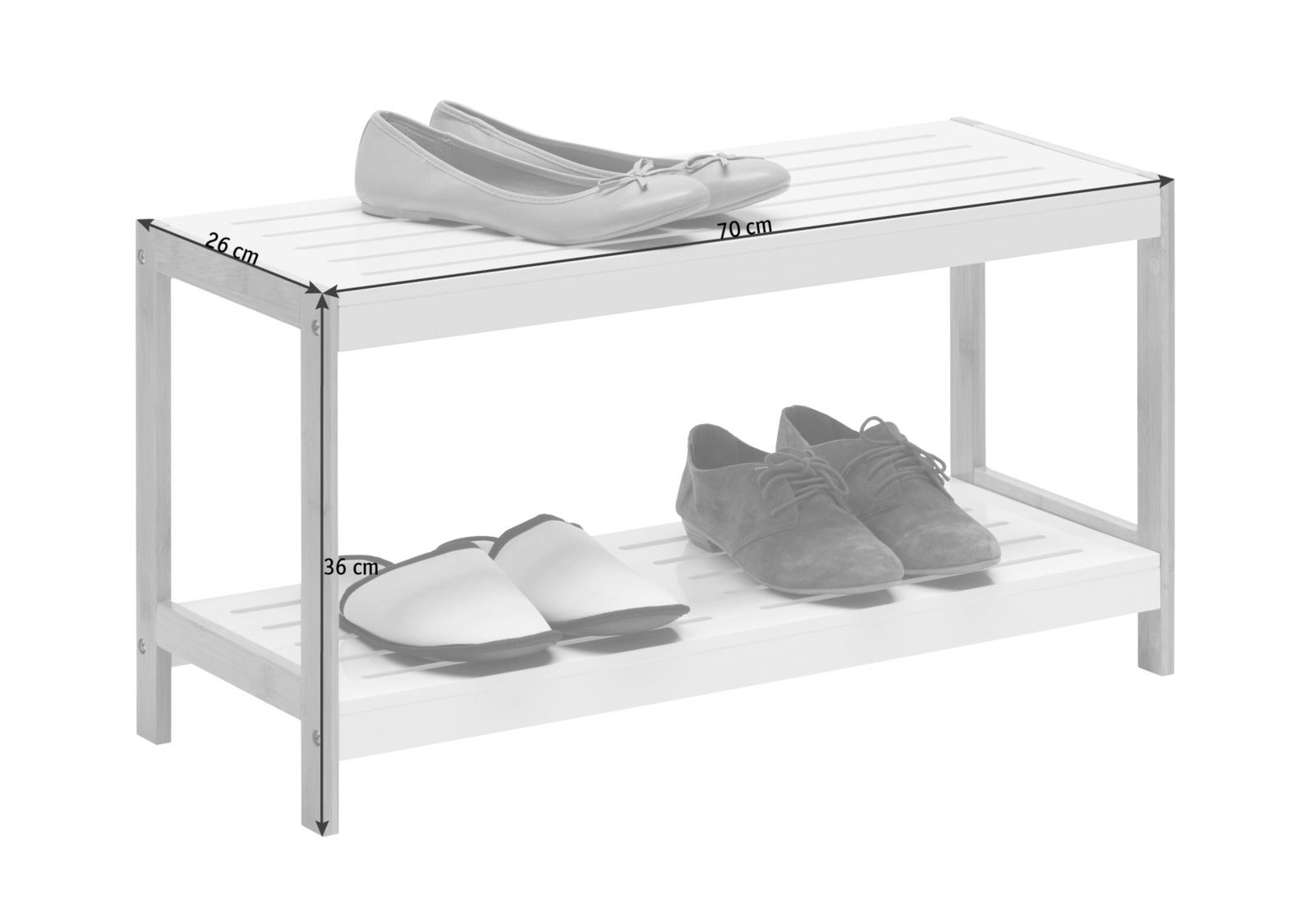 XORA Schuhregal JENNY Schuhregal aus Holz mit zwei Ebenen, seitliche Perspektive, mit Schuhen darauf, Maße 70 cm x 26 cm x 36 cm