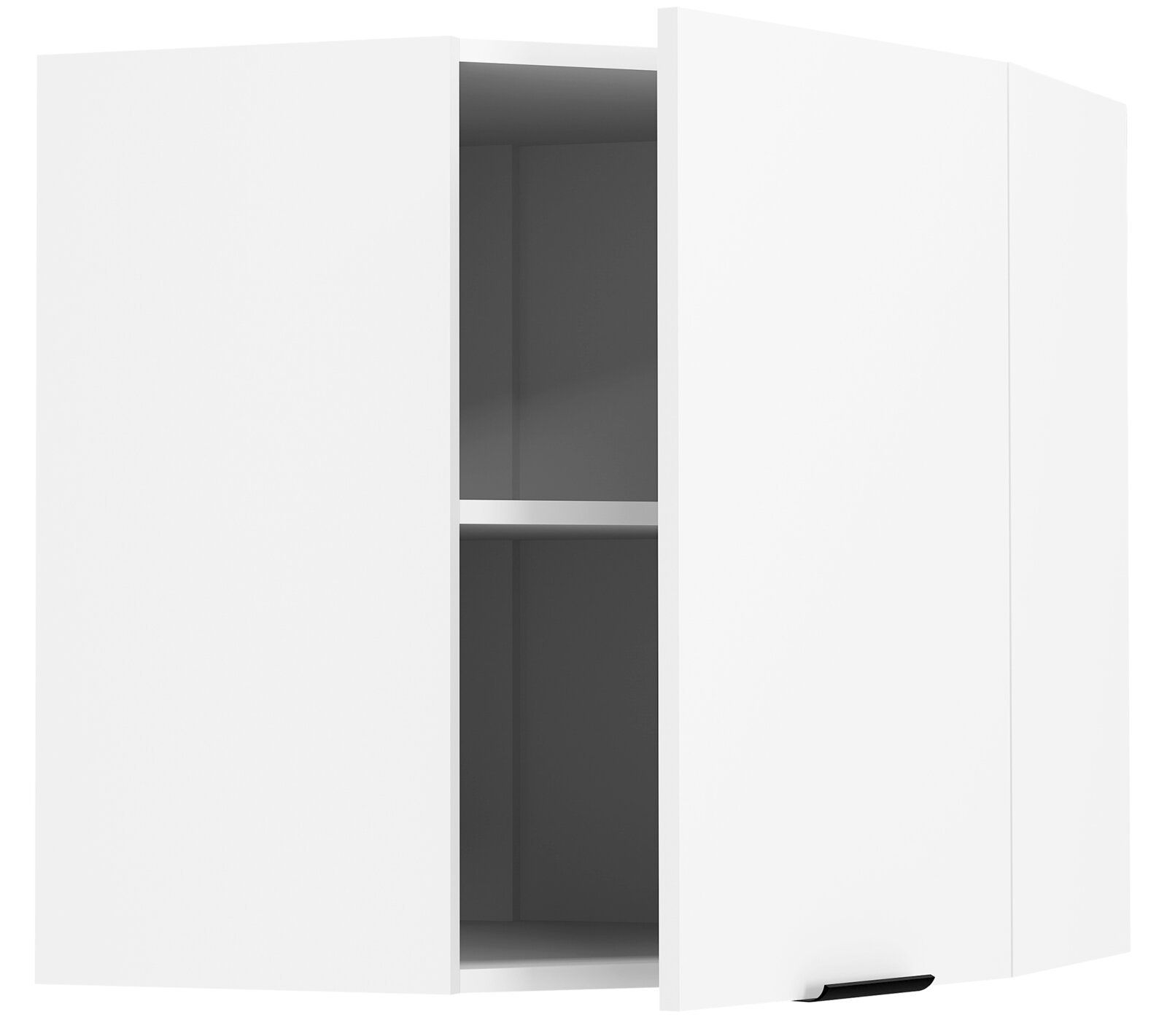 Weißer Hängeschrank/Wandschrank mit geöffneter Tür und schwarzem Griff, Innenraum dunkelgrau mit Einlegeboden, Ansicht schräg von vorn