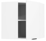 Weißer Hängeschrank/Wandschrank mit geöffneter Tür und schwarzem Griff, Innenraum dunkelgrau mit Einlegeboden, Ansicht schräg von vorn
