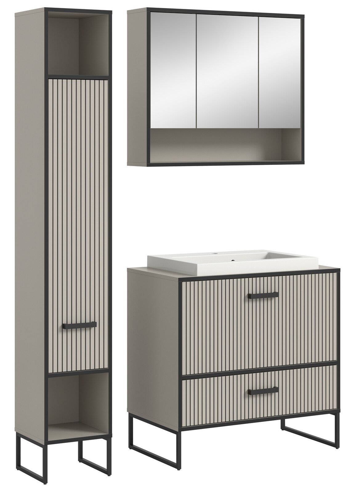 MID.YOU Badkombination BAGNO Moderne Badkombination mit vertikalen Streifen, bestehend aus einem hohen Schrank, einem Waschbeckenunterschrank und einem Spiegelschrank, aus einer frontalen Perspektive.