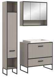 Moderne Badkombination mit vertikalen Streifen, bestehend aus einem hohen Schrank, einem Waschbeckenunterschrank und einem Spiegelschrank, aus einer frontalen Perspektive.