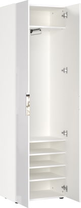 Weißer Garderobenschrank mit geöffneter Tür, zeigt Innenfächer und Kleiderstange, Perspektive von vorne.
