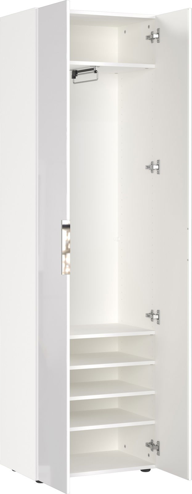 MID.YOU Garderobenschrank GENOVA Weißer Garderobenschrank mit geöffneter Tür, zeigt Innenfächer und Kleiderstange, Perspektive von vorne.