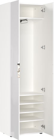 Weißer Garderobenschrank mit geöffneter Tür, zeigt Innenfächer und Kleiderstange, Perspektive von vorne.