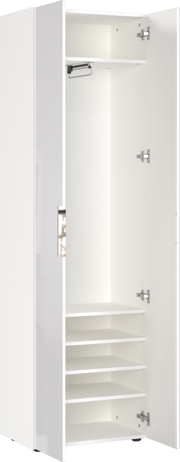 MID.YOU Garderobenschrank GENOVA Weißer Garderobenschrank mit geöffneter Tür, zeigt Innenfächer und Kleiderstange, Perspektive von vorne.