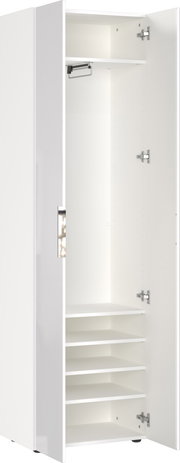 Weißer Garderobenschrank mit geöffneter Tür, zeigt Innenfächer und Kleiderstange, Perspektive von vorne.