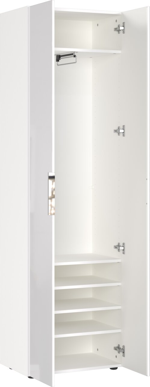 Weißer Garderobenschrank mit geöffneter Tür, zeigt Innenfächer und Kleiderstange, Perspektive von vorne.