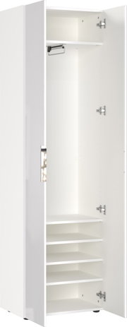 Weißer Garderobenschrank mit geöffneter Tür, zeigt Innenfächer und Kleiderstange, Perspektive von vorne.