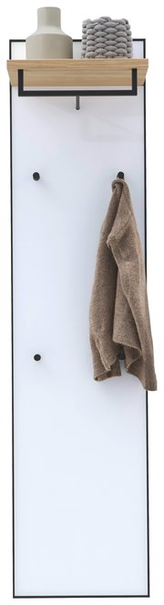 Garderobenpaneel mit Holzablage, Haken und dekorativen Elementen, Frontalansicht