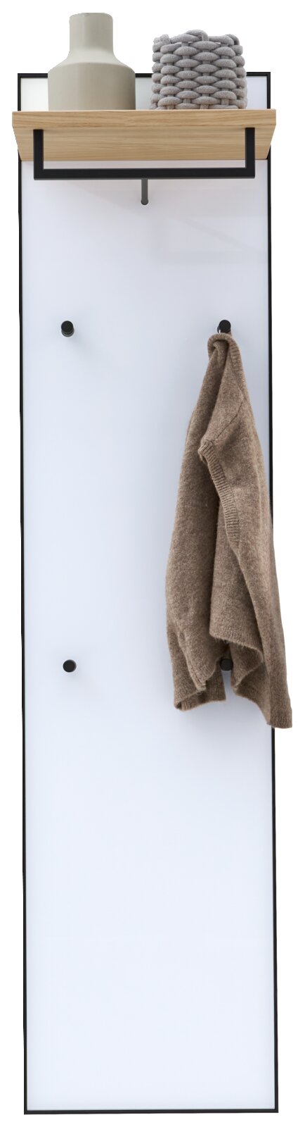 Garderobepaneel met houten plank, haken en decoratieve elementen, vooraanzicht