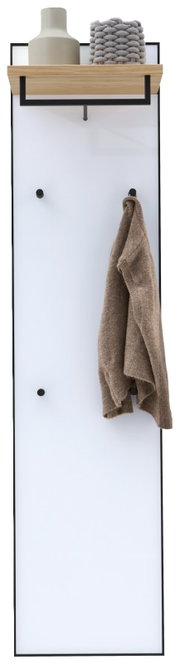 Garderobepaneel met houten plank, haken en decoratieve elementen, vooraanzicht
