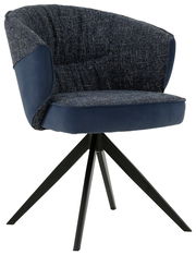 Moderner Armlehnstuhl mit dunkelblauem Stoffbezug und schwarzem Metallgestell, seitliche Perspektive