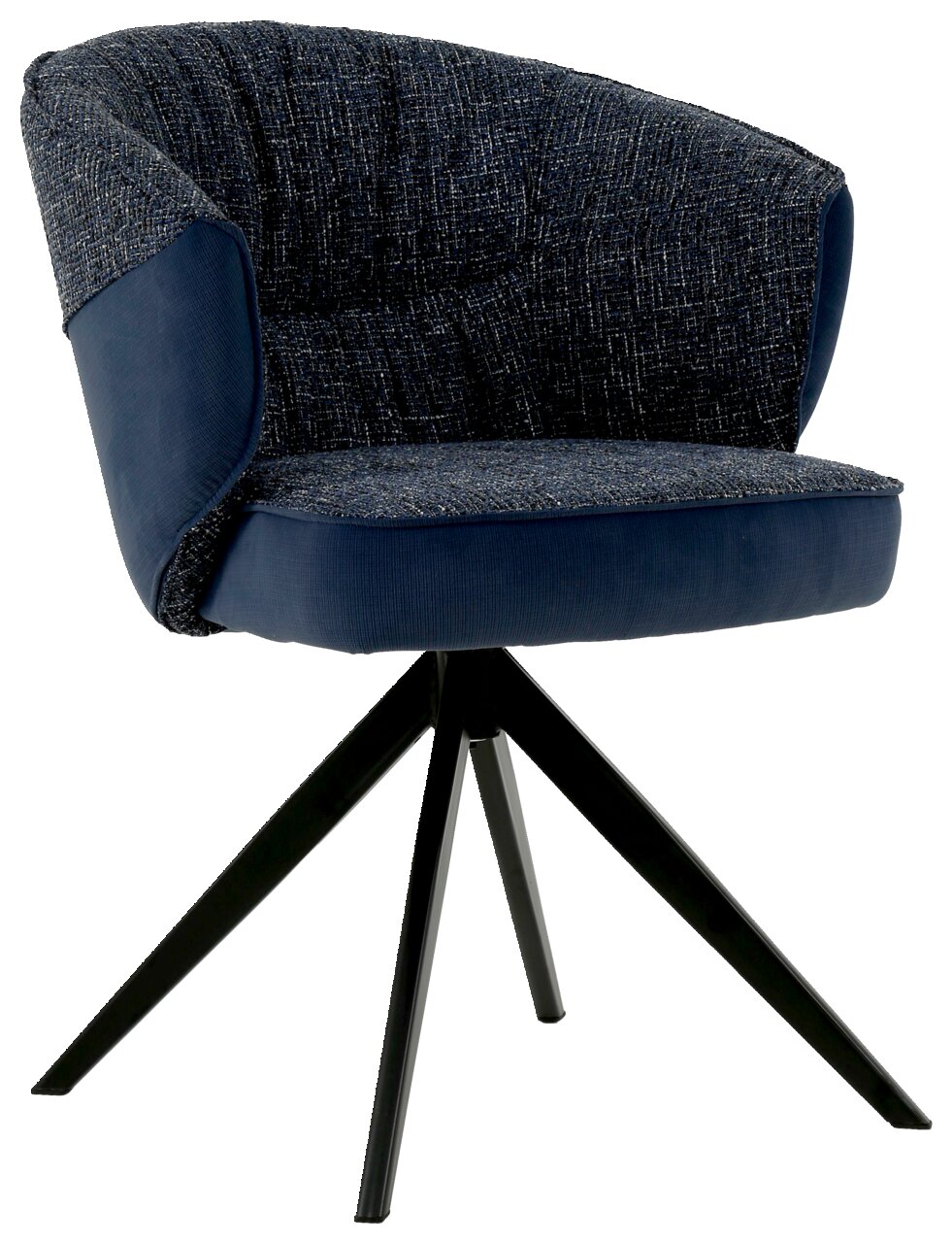 Moderne fauteuil met donkerblauwe stoffen bekleding en een zwart metalen frame, zijaanzicht
