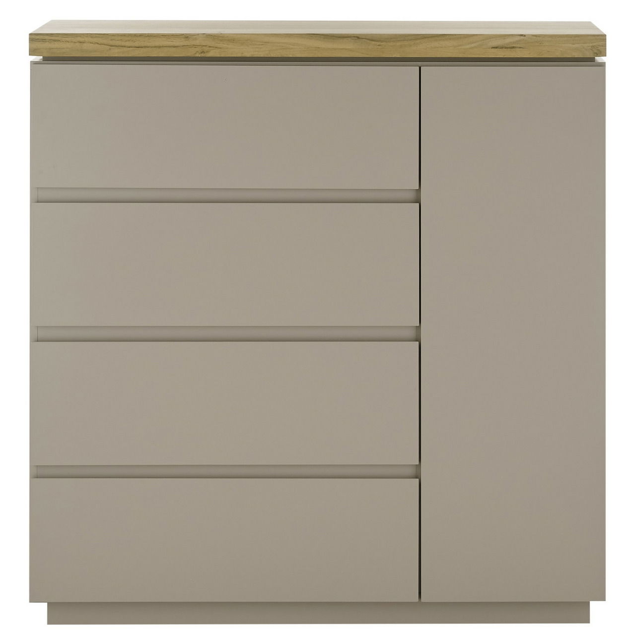 Frontale Ansicht einer modernen Kommode mit drei Schubladen und einer Tür, in neutralem Beige mit einer Holzplatte.