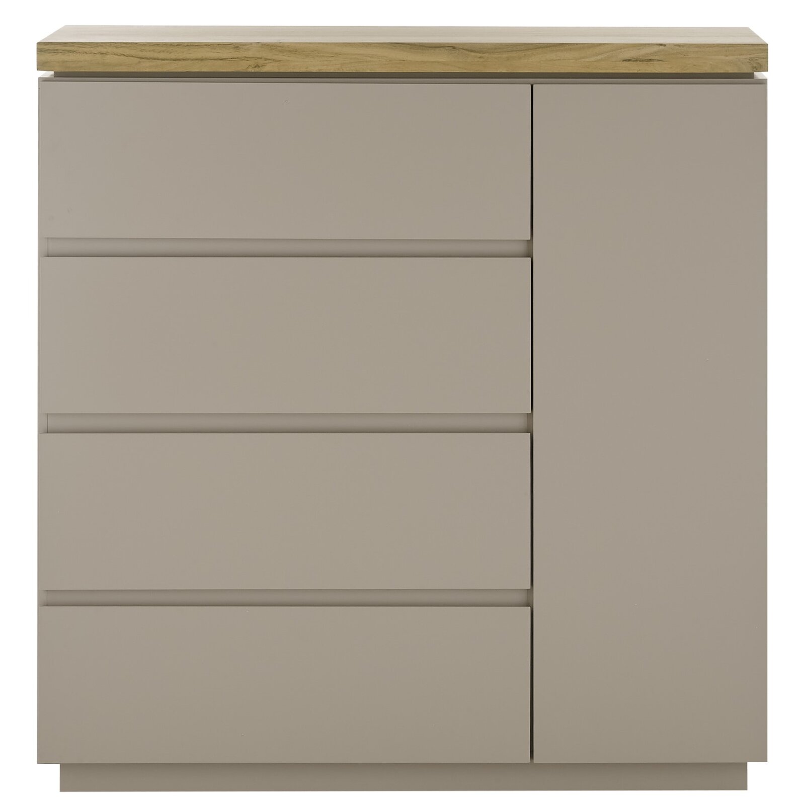 Frontale Ansicht einer modernen Kommode mit drei Schubladen und einer Tür, in neutralem Beige mit einer Holzplatte.