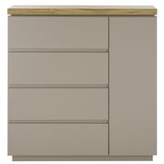 Frontale Ansicht einer modernen Kommode mit drei Schubladen und einer Tür, in neutralem Beige mit einer Holzplatte.