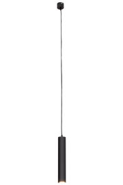 Moderne schwarze Hängeleuchte in zylindrischer Form, von der Seite betrachtet, mit langem Kabel und dezentem Lichtaustritt.