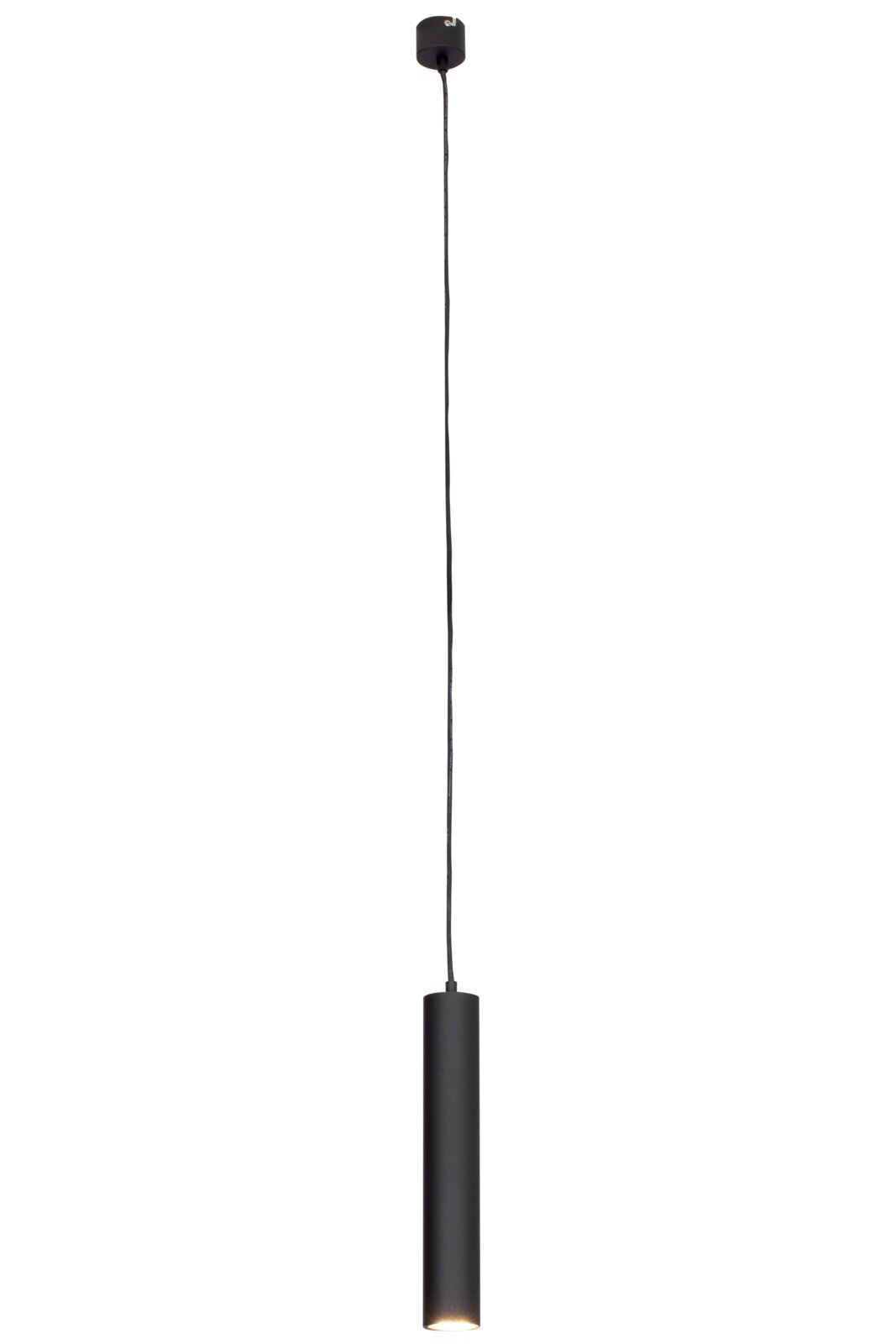Moderne schwarze Hängeleuchte in zylindrischer Form, von der Seite betrachtet, mit langem Kabel und dezentem Lichtaustritt.