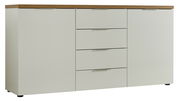 Modernes Sideboard mit weißer Front und Holzoberfläche, frontal betrachtet.