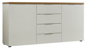 Modernes Sideboard mit weißer Front und Holzoberfläche, frontal betrachtet.